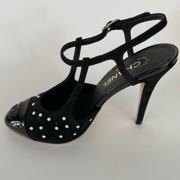 Chanel Black Satin Pearl Embellished CC  Pumps Size 37 C (Size 5.5 US Women's) - Picture 3 of 10